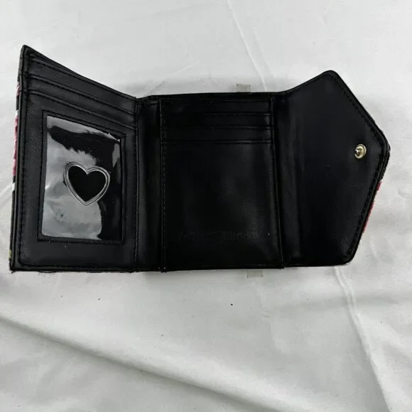 Betsey Johnson Womens Wallet Pink Rose Floral w White & Black Snap Closure Logo - Picture 5 of 7